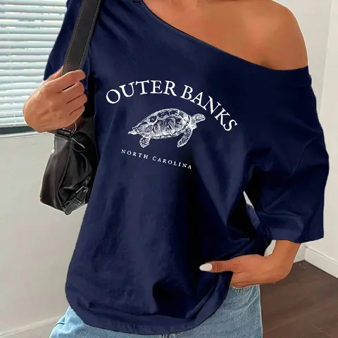 Women's Casual Commuter Loose Fit Off-Shoulder T-Shirt Summer, Turtle Letter Print, Letters Print Tee, Animal Print, Y2K Style, Fashion Trendy for Daily Wear or Parties
