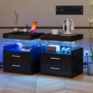 2Pcs Glossy White LED End Table Nightstand With Charging Station, High Gloss Night Stand With LED Lights, Modern Acrylic Floating Sofa Bed Side Table With Storage Drawers And Power Outlet For Living Room Bedroom