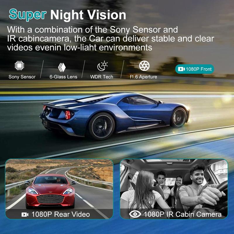 WHATOOK Wifi-1080P 3 Channel Dash Cam with 32GB Card, HDR, G-Sensor and 24Hr Parking Dash Cam for Cars