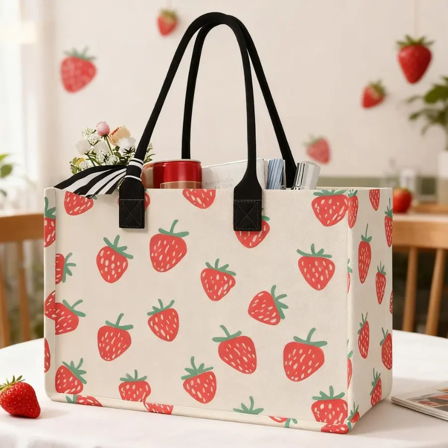 Strawberry Print Large Capacity Storage Bag, Super Size Organizer, Durable Handle, Space Saving Multi-Purpose, Ideal for School, Travel, Shopping, Strawberry Themed Bag, Travel Essentials, Patterned Bag