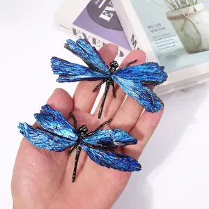 1pc Natural Crystal Stone Black Tourmaline Aura Blue Flame Feather Unique Crystal Design DIY Dragonfly Animal Decoration Wholesale