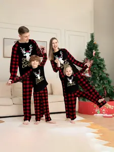 Family Christmas Pajama Set, Comfortable Colorblock Long Sleeve Round Neck Homewear, Reindeer Print Casual, Holiday Party Essential