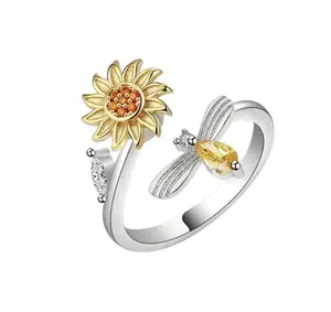 14K Karat White and Yellow Gold Plated Adjustable Sunflower Flower Bee Spinner Ring - Fidget Jewelry for Women, Anxiety Rings for Women, Fidget Rings for Anxiety- Nickel Free, Hypoallergenic, Waterproof