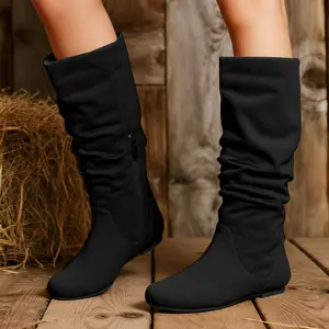 Women's Slouchy Knee High Boots Faux Suede Round Toe Flat Heel Comfortable Fall Winter Casual Dress Shoes with Semi Side Zipper dream