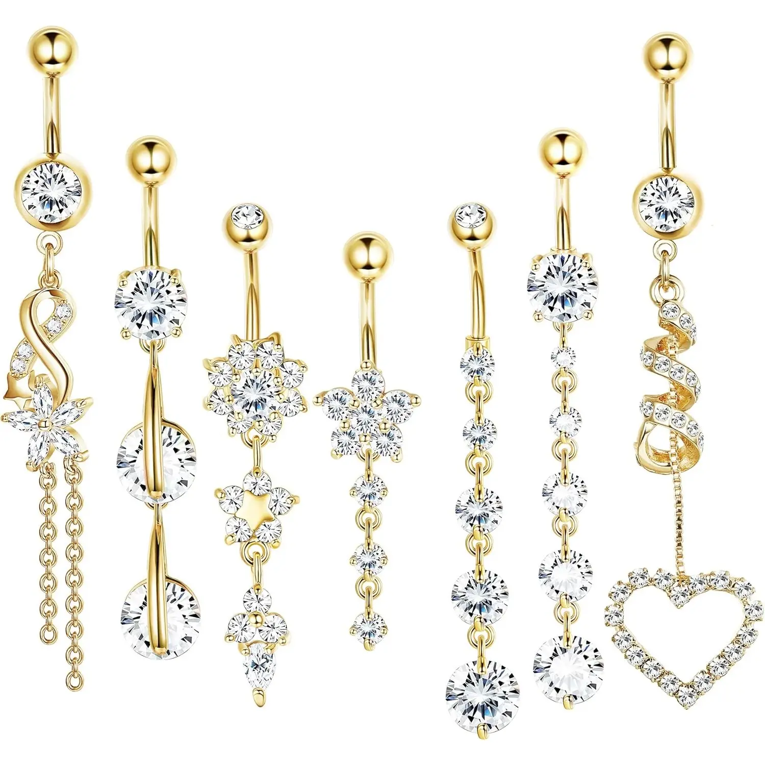 Women's Trendy Summer 14G 316L Surgical Steel 7-Piece Body Piercing Kit - Curved Dangle Navel Barbells with Butterfly Charms, Cubic Zirconia Jewelry