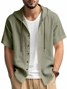 Men's Solid Color Linen Knitted Hooded Shirt, Loose Casual Short Sleeve Top for Summer, Fashion Men's Clothes for Beach Vacation, Menswear