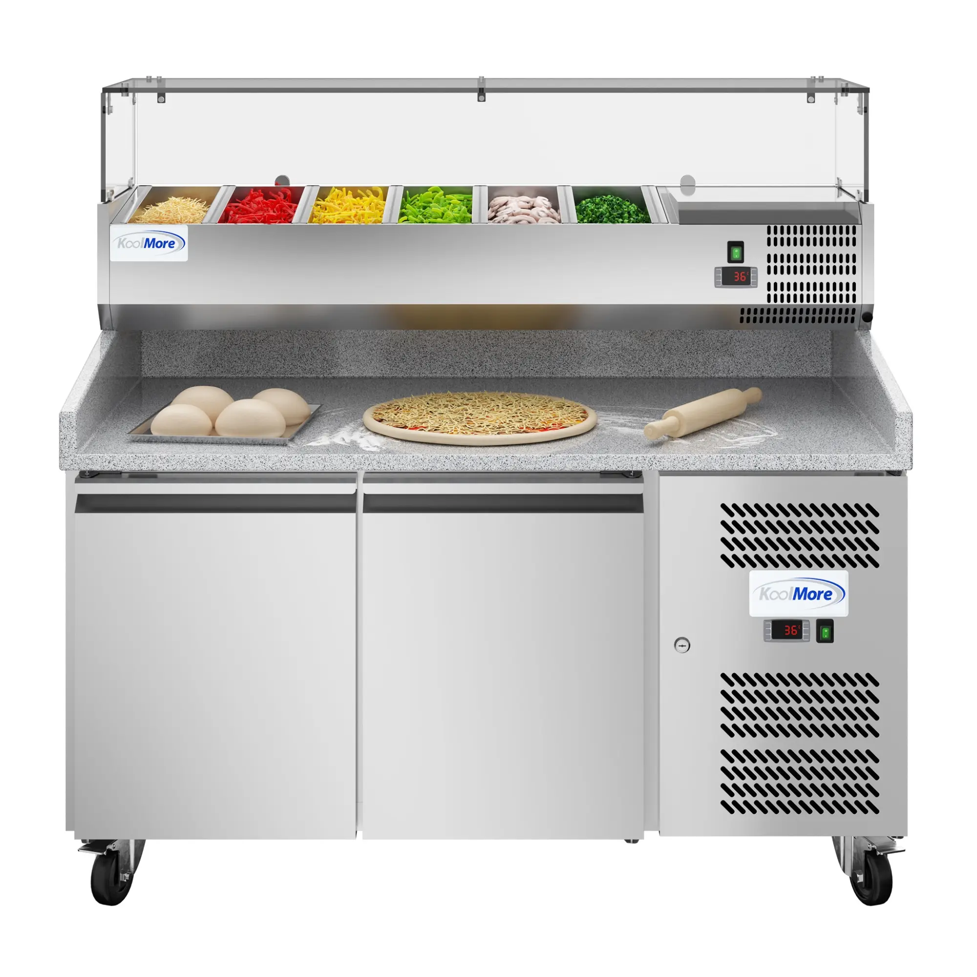 59 in. Commercial Refrigerated Granite Top Pizza Prep Station with Stainless Steel Refrigerated Condiment Pan Holder (KM-RPCPS-2D59-GRT)