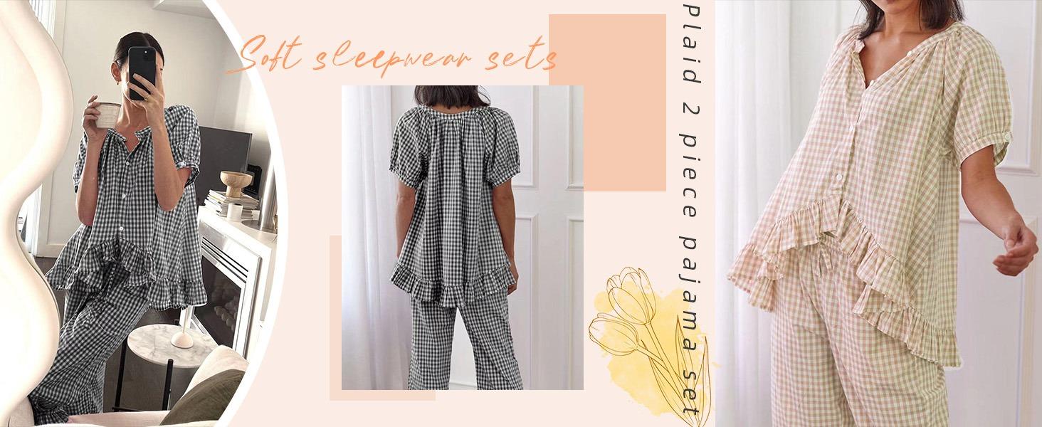 Loveimgs Women's Plaid Two-Piece Pajama Set (Short-Sleeve Babydoll Top + Long Pants) — Cute & Casual Loungewear
