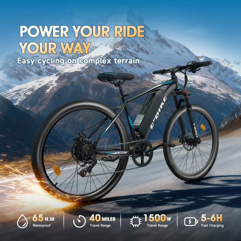 26 Inch Electric Bike, Peak 1500W Motor E-Bike, 28MPH Top Speed, 50-mile range Commuter-style Electric Bicycle, 576Wh battery, 7-speed shifting Front suspension Electric Mountain Bike