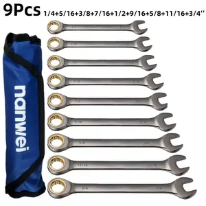 9PCS SAE Ratchet Combination Wrench Set, CR-V Steel Nickel Plated Black Oxide Spanners 1/4"-3/4" with Storage Roll Pouch for Auto & Motorcycle Mechanical Repair, Ideal Gift for Mechanics & DIYers