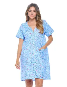 Casual Nights - Snap Front Lightweight Housecoats for women | House Dresses With Pockets | Women's Short Sleeve Duster | Lounging & Post-Surgery Wear | Cotton Poly Knit, Mid Calf | Garden Blue Small