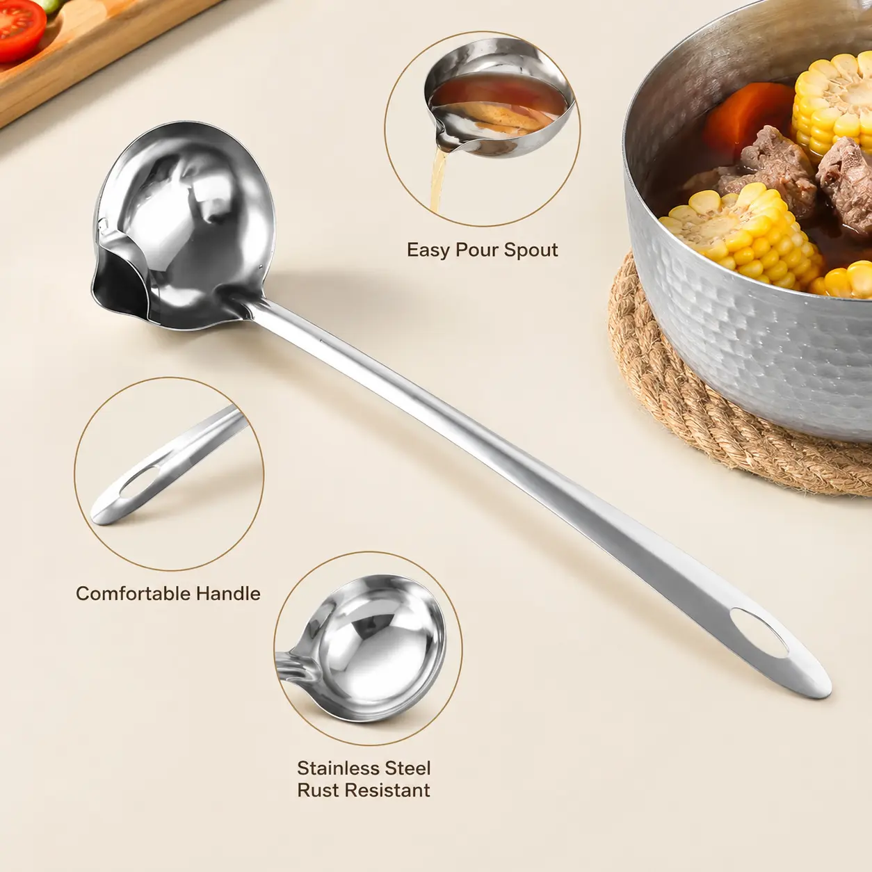2-Count Stainless Steel Oil Separator Ladle - Mirror Polished, Ergonomic Handle Kitchen Gadget for Daily Cooking Broth Oil Skimming (Home Kitchen Use), Kitchen Gadgets