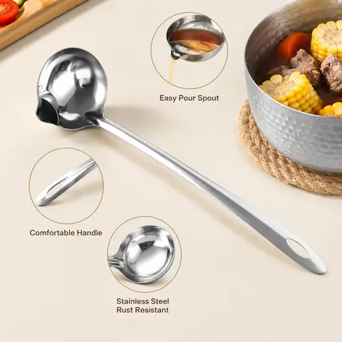 2-Count Stainless Steel Oil Separator Ladle - Mirror Polished, Ergonomic Handle Utensil with Hanging Design for Broth Oil Skimming, Small Modern Multi Purpose Kitchen Gadgets for Home Use