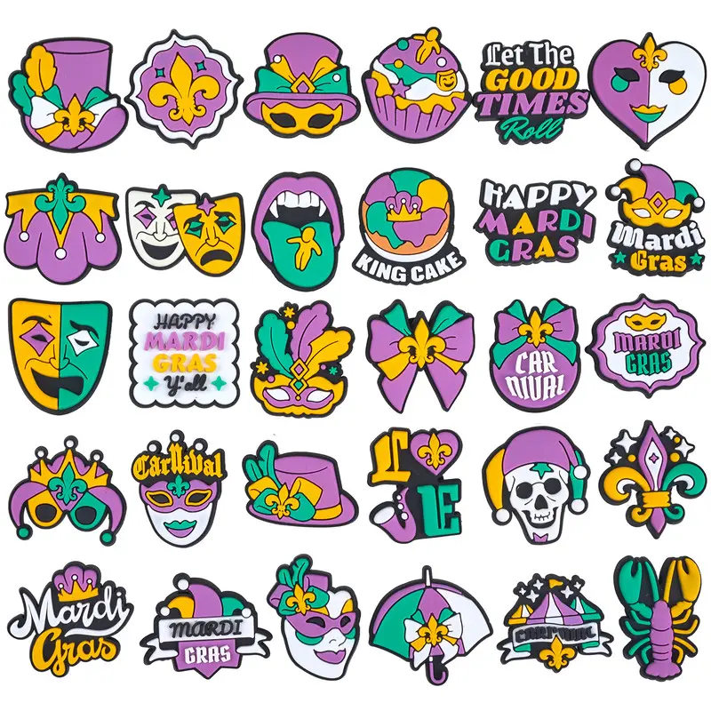 30 Pieces Carnival-Themed Purple Mardi Gras Shoe Decoration Charms, Mask Bead Charms for Party Favors, DIY Decor for Teenagers, Party Favor, Pvc Charm