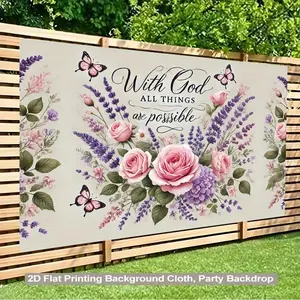 1pc Inspirational Backdrop Floral Butterfly Lavender Roses Pink Flowers Green Foliage with Quote Lightweight Polyester for Wedding Birthday Church Home Office Party Decoration Supplies