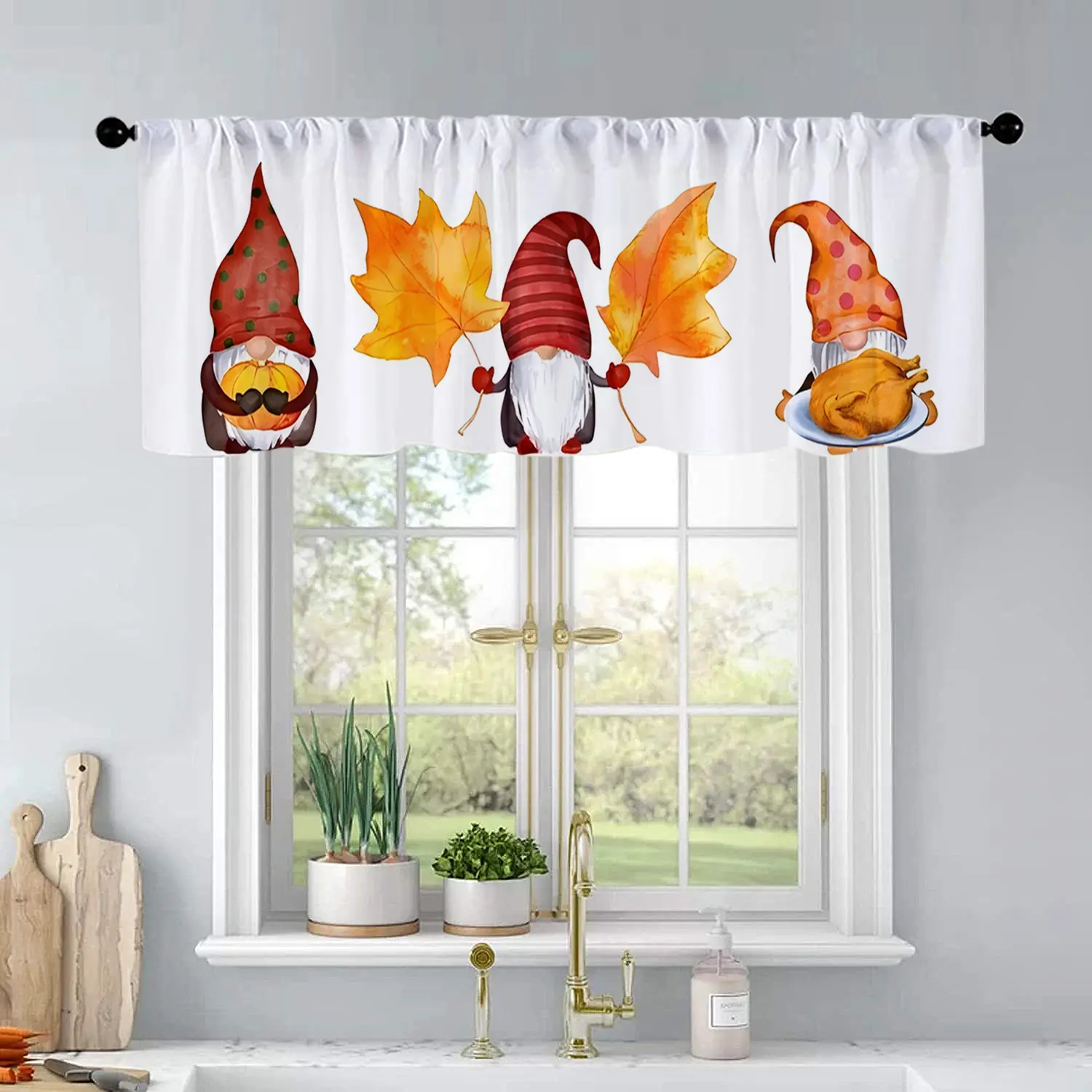 1 Pc Autumn Three Dwarfs Holding Pumpkins Maple Leaves Turkey Prints Kitchen Curtains Curtains Living Room Bedroom Bathroom Home Decor Home Decoration Curtain 54 x 18 Inch