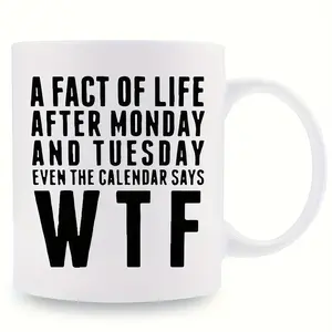 Insulated Hand-painted Ceramic Mug with Funny Life Facts Post Monday-Tuesday, Reuse-friendly Thermal Cup for Hot Drinks, Camping Camp Kitchen Gift for Adults