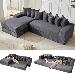 110" Boneless Couches for Living Room, Cloud Modular Sectional Sofa Bed, Customizable Convertible Sleeper Sofa, Plush Corduory Folding Futon Floor Couch No Assembly Love Seat for Living Room Couch Sofa