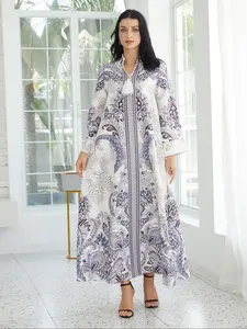 Women's V Neck Long Sleeve Long Dress, All-Season Loose Fit A-Line Print Jalabiya, Boho Flowy Attire, Soft 75D Stretch Fabric, Elegant Arabic Clothing