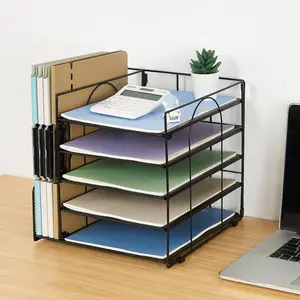 5-Tier Paper Letter Tray Organizer with File Holder for Office Supplies - Black