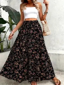 Plus Size Women's Floral Elastic Waist Skirt, Fashion Casual Vacation Must-Have, Loose Hem Half Bottom Skirt, Essential Wardrobe Item