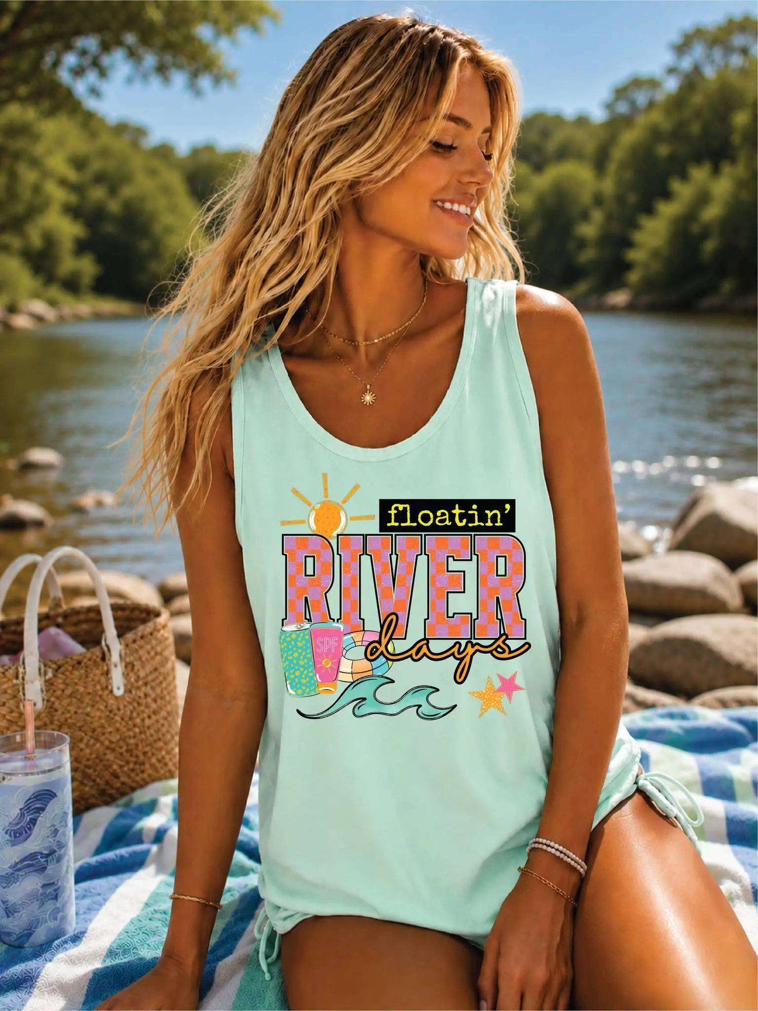 Floating River Life- Island Green Comfort Color Unisex Graphic Tank Top