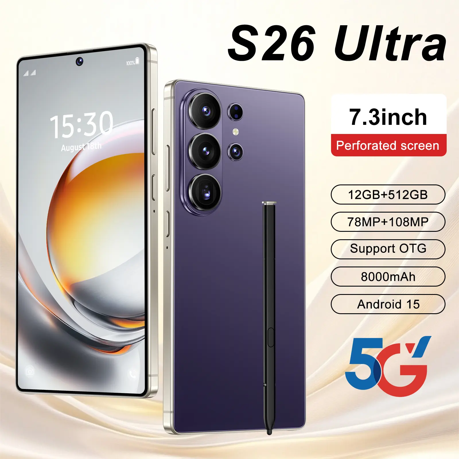 2026 S26 Ultra 5G Unlocked Phone Gift Set: 12GB+512GB, Android 15, 6.99" HD Display, 78MP+108MP Cam, 8000mAh Battery, Stylus & Protector Included