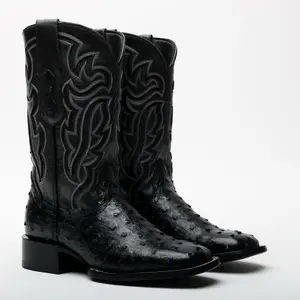 Men’s Black/Blue Ostrich Leather Boots - Square Toe