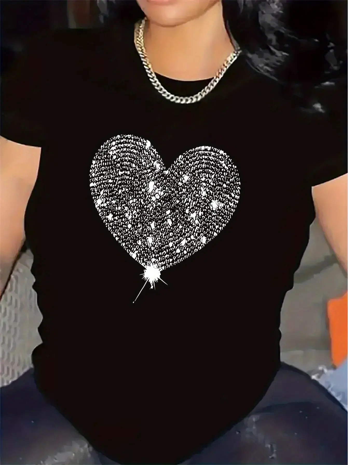 This Elegant Short-Sleeve Round Neck Top Features a Shiny Rhinestone Heart Print in Black And White, Comes with a Matching Necklace, And Is Made from Durable. It'S Comfortable for Year-Round Wear And Can Be Machine Washed