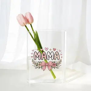 MAMA Acrylic Flower Vase, Whimsical Book Art, Pink Bow & Floral Accents, Mother’s Day Gift
