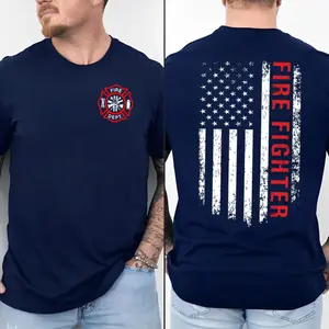 American Flag Firefighter 2 Sided Shirt, Fire Dept Tee, Fireman Dad Shirt, Fathers Day Gift For Men, Husband, Short Sleeve Crew Neck Top, Classic Streetwear