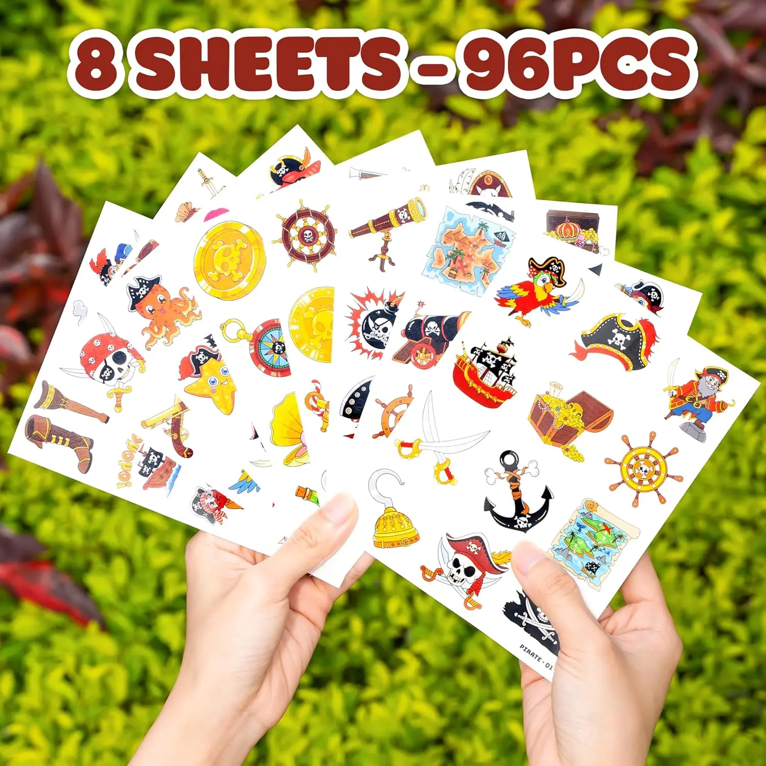 96 PCS Pirate Temporary Tattoos for Kids, Body-Safe Transfer Stickers for Sensitive Skin, All-Day Wear Nautical Party Favors, Body-Safe Temporary Tattoos, Transfer Temporary Tattoos
