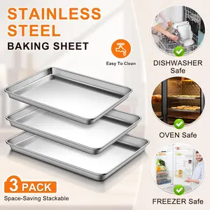 3-Piece Commercial Grade Stainless Steel Baking Sheet Set, 12/10.5/17.5 In Nontoxic Heavy-Duty Pans, Rust-Resistant, Warp-Resistant, Nonstick, Thicker, Firmer, Easy to Clean