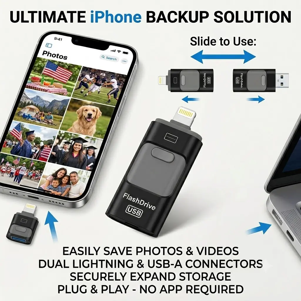 Instant Storage Flash Drive for iPhone and Android, USB Memory Stick for Photos, Videos and File Backup, Compatible with iPhone, iPad, Tablets and Computers