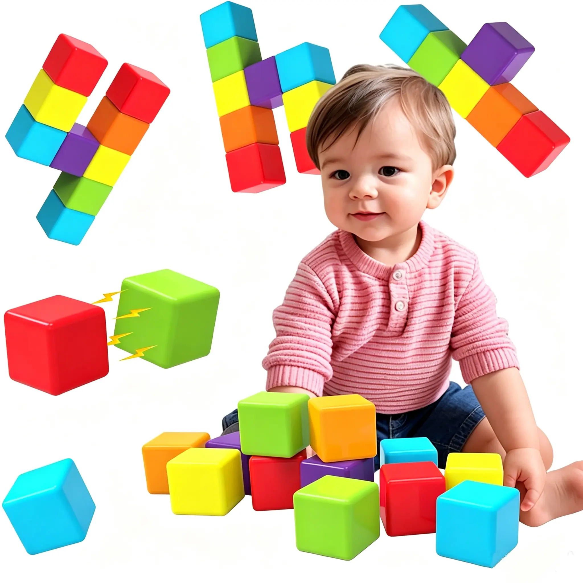 Magnetic Building Blocks Large, 1.65 inch Magnetic Stacking Cubes for Toddlers, Sensory & Montessori Toys for Boys & Girls 1 2 3 Years Old (12 PCS)