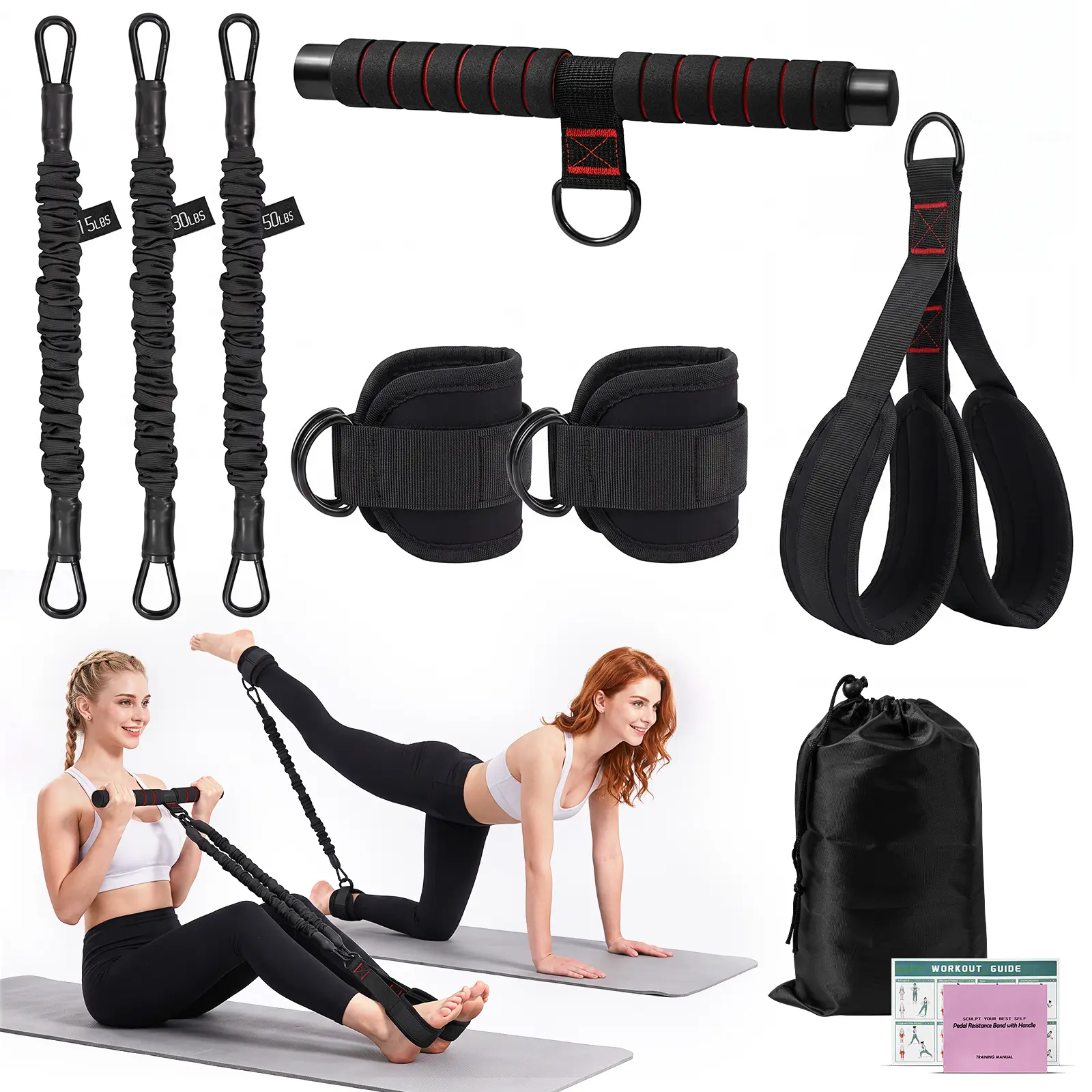 Pedal Resistance Band with Handle & Ankle Resistance Bands with Cuffs Set, Adjustable Exercise Bands for Sit Ups, Abs, Arm, Leg, Butt, Hip, Core Pilates & Full Body Home Gym Workout Equipment