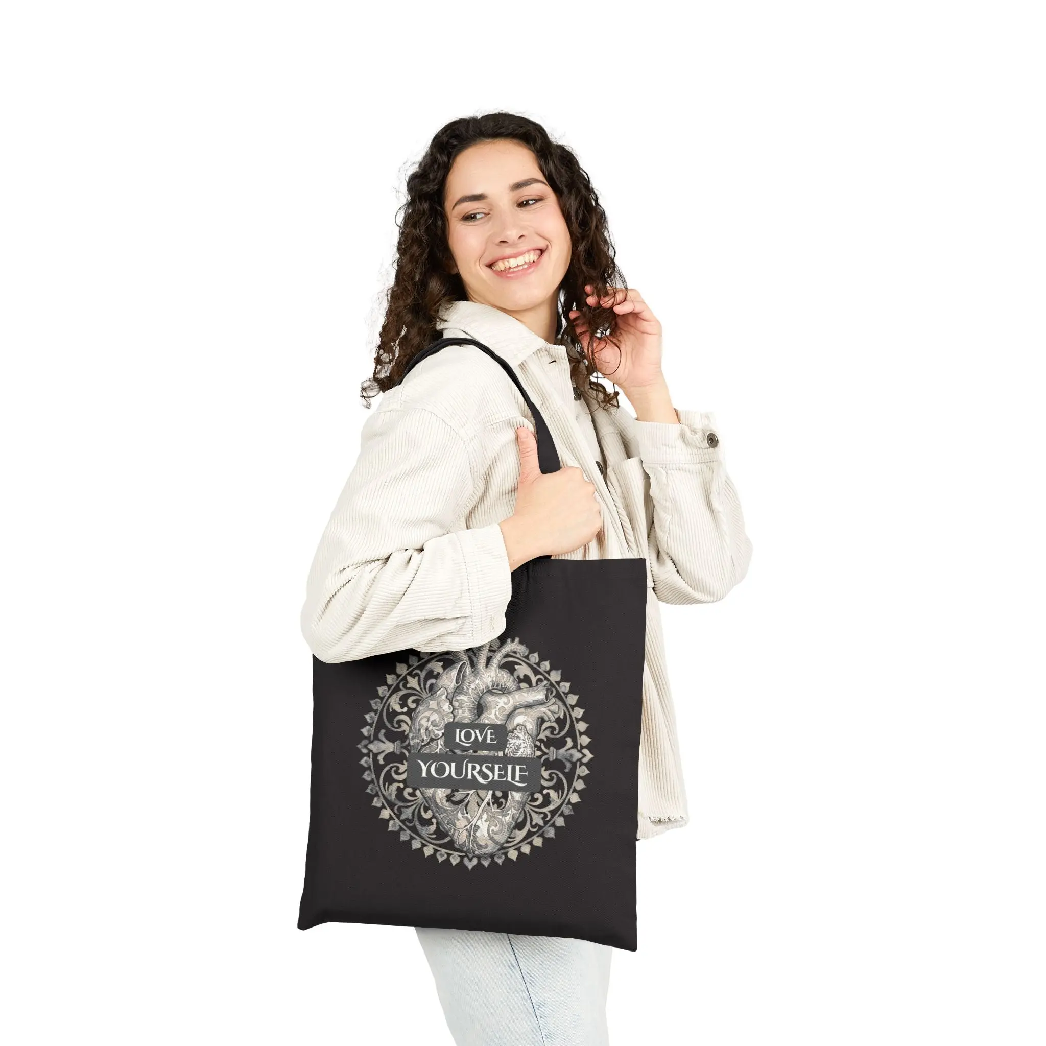 Women's Love Yourself Canvas Tote Bag, Anatomical Heart Design, Heavy Cotton Fabric, Flat Corners, Reinforced Handles, Ideal for Market Runs, Self-Fabric Straps