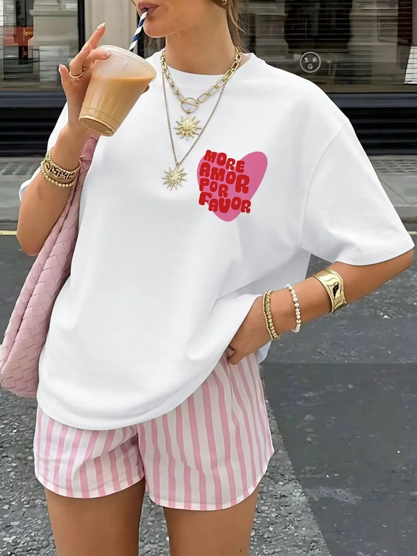 Women's Oversized Short-Sleeve T-Shirt - New Summer Collection, Double-Sided Print, Vintage Style, Heart, Checkerboard & More Prints, Smart Casual, Sporty, Fit, Outdoor Daily Wear