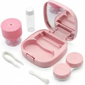 Cute Pink Contact Lens Case Kit with Cleaner Washer, Mirror & Solution Bottle, Travel Size Applicator & Remover Tool for Daily Use & Outdoor