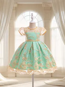 Girl's Floral Embroidery Bow Decor Dress, Elegant Dress for Party Performance Wedding, Kids Clothes for Summer