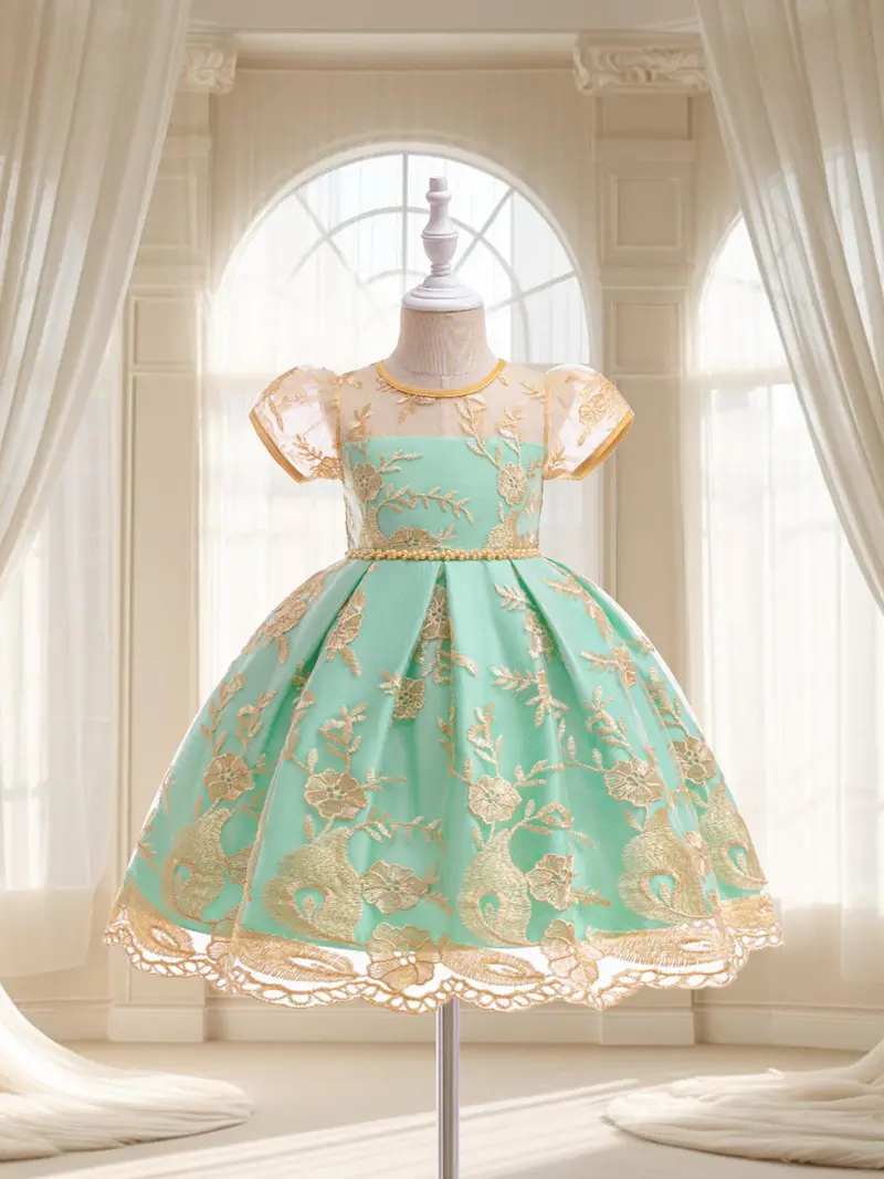 aqua floral embroidered dress White / Blue / Aqua Flared Sleeve Dress w/ Rose Border Print Size 2 / Blue main image 1