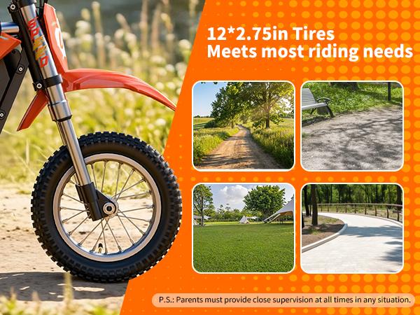 MileRocket1 Kids Electric Bike, 36V 300W Motor, 3-Speed Modes Up to 15.5MPH, 9.32 Mile Range, Dual Suspension,12 * 2.75" Tires, for Height 3.8-4.7ft