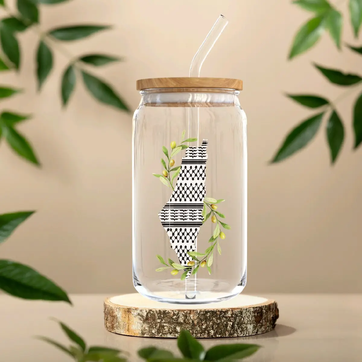 Keffiyeh Olive Glass cup with lid and straw Bamboo lid Coffee Drinkware Beverage Drink Map Outdoors Reusable Disposable Tumblers Bottles Water Bottles
