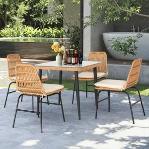 5 Piece Rattan Set, Patio Dining Table, Metal Outdoor Dining Set with Cushions for Balcony Poolside Backyard, Beige