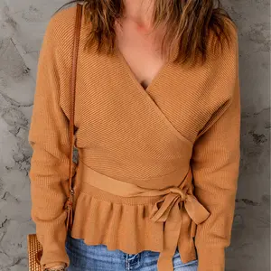 Surplice Neck Belted Peplum Sweater