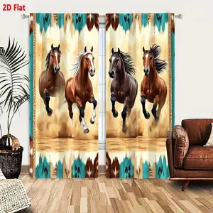 2D Flat 4 Running Horses Design Light Brown Sand Background Decorative Aztec Tribal Border Teal Brown Pattern Blackout Curtains, Window Curtain, 2-Piece Set for Bedroom Living Room, Wild Horse Theme Curtains with Black/White Leg Mark
