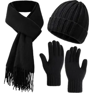 Winter Hat Beanie Long Scarf Touchscreen Gloves Set, 3Pcs Soft Thick Fleece Lined Gloves Skull Cap Scarf Set for Women Men