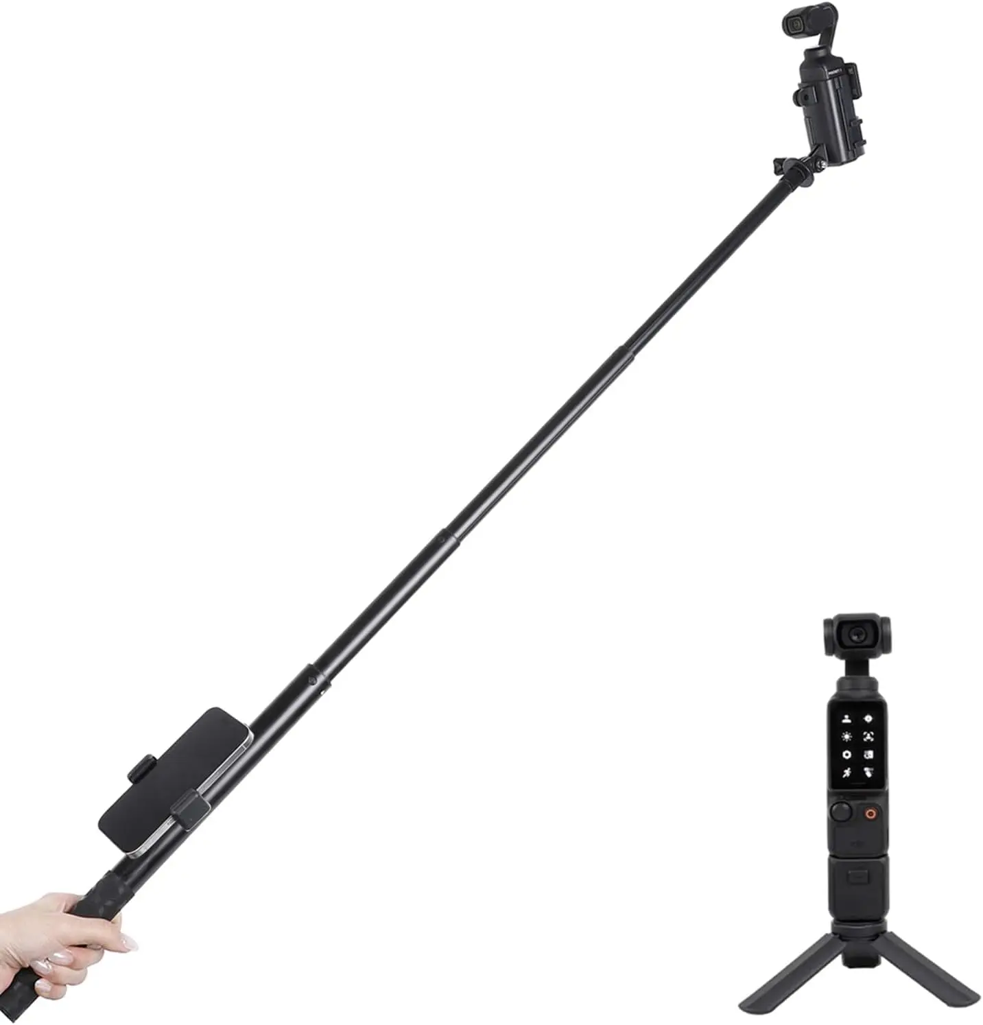 PellKing Aluminum Selfie Stick Mount for Osmo Pocket 3 Camera & Phone - 5 Sections Adjustable, 14.5-61in (155cm) Extendable Pole Monopod Tripod with Protective Cage, Extension Adapter Frame, Clip-On Lights, Easy Installation Mobile Accessories