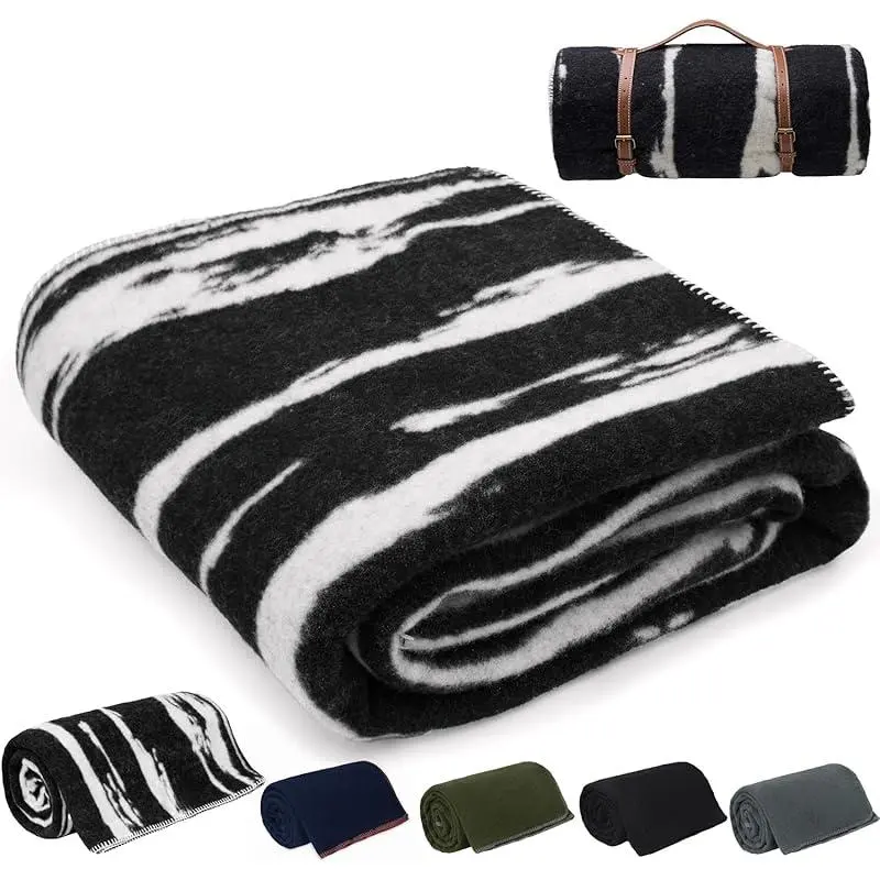 100% Virgin Wool Blanket - Large 62"x86" Thick Military Style Throw, Black White Striped, Heavyweight Thick Fill, Warm, Flame Retardant, Stain-Resistant, Self-Cleaning, No Recycled Materials for Outdoor Camping & Hiking Sleeping Gear