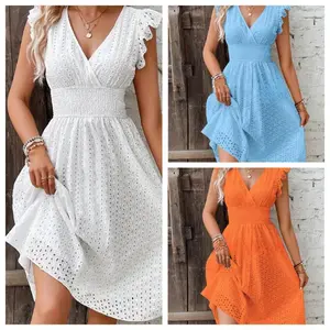 Women's Solid Color Mid-Length Dress Jacquard Hollow V-Neck Plus Size Loose Beach Dress Short Sleeve Ruffle Elegant Long Dress